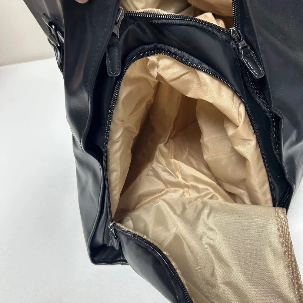 Duffel Bag Large Black Faux Leather Buckle Pocket Travel 15x21.5